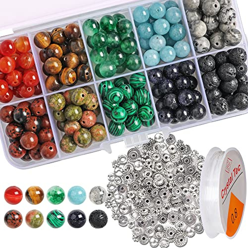 SOSMAR 200 Stück Natürliche Edelsteine ⌀ 8mm rund Perlen für Armbänder Halsketten Schmuck Basteln Auffädeln, mit antiksilber Zwischenperlen und Schnur