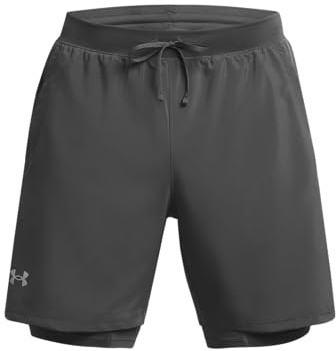 Under Armour UA Launch 7'' 2-in-1 Short Pantalones cortos deportivos con interior transpirable para hombre, shorts deportivos muy ligeros, color gris brezo/gris brezo/reflectante