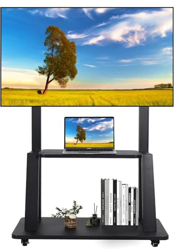 TV Ständer Rollen Mobiler TV-Wagen für 32-75 Zoll Flache/gekrümmte LED/LCD/OLED höhenverstellbarer tragbarer tv-standfüße auf Rädern bis zu 45kg Boden TV-Ständer mit Laptop DVD Regal Schwarz