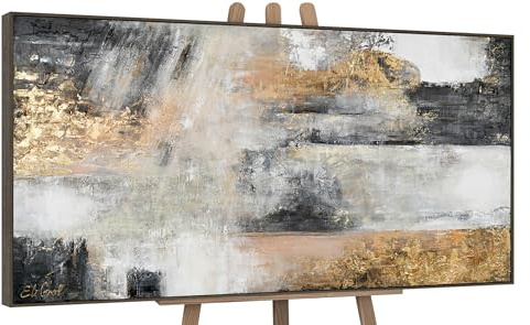YS-Art Luxus Abstrakt Design Acryl Gemälde auf Leinwand Farbmagie handgemalt Wandbilder Wohnzimmer modern Wohndekor Bilder Büro gold grau echte Kunst 140x70 cm