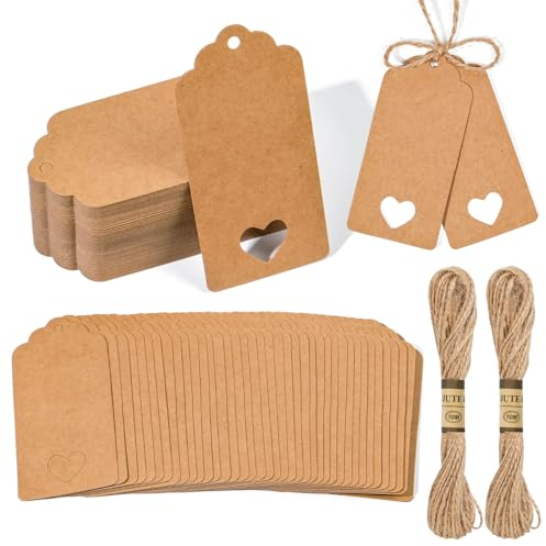 Geschenkanhänger Kraftpapier Anhänger Etiketten 120 Stück, 4.5x9.5cm Kraftpapier Etiketten Tags mit 20 Meter Juteschnur, Geschenk Anhänger für Hochzeit Geschenke zum Basteln, Braun