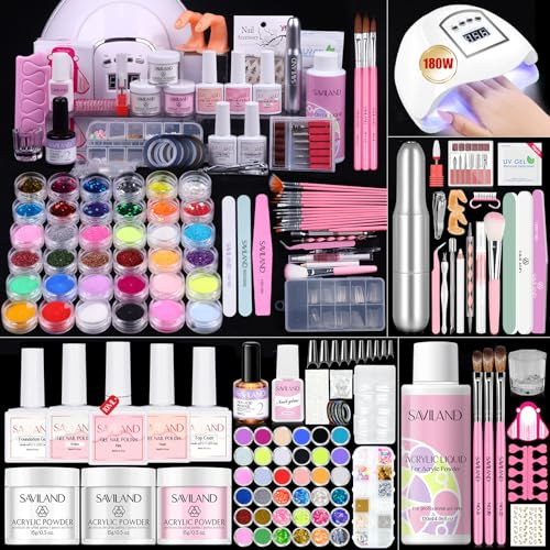 SAVILAND Kit Ongle Acrylique Complet En Gel Avec Lampe UV 180w Ponceuse pour Ongles Poudre Acrylique Base Top Coat Poudre Pour Beaucoup de décoration manucure Kit de Manucure Débutant