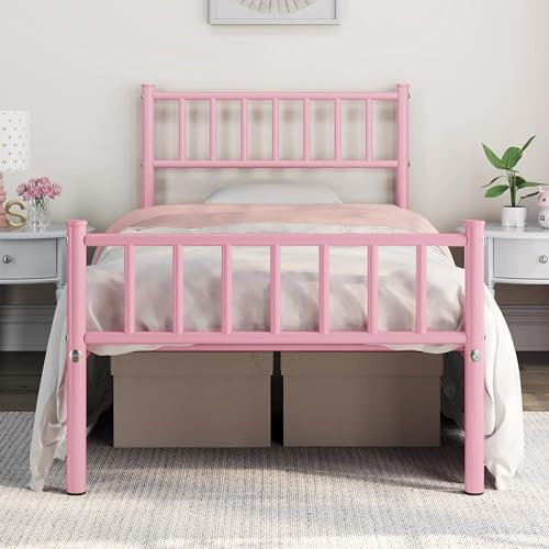Yaheetech Single Metal Bed Frames with Slatted Headboard and Footboard/Solid Slat Support Pink/Ground Clearance: 32 cm/3ft bed Frames