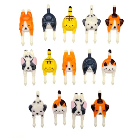 JZK 14 x niedliche Obstgabeln mit Tiermotiven, Mini-Cartoon-Hunde- und Katzen-Zahnstocher, Dekoration, Gabeln für Bento-Box, Lunchbox und Kinder, Dessert, Heimparty