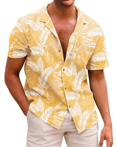 Beotyshow Chemise hawaïenne pour homme - Manches courtes - En coton - Pour les vacances, l'été, la plage - Chemise de voyage, jaune clair, L