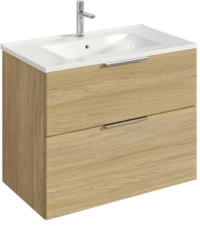 BERNSTEIN Badmöbel-Set Tim 80cm Waschbeckenunterschrank mit Waschtisch, Unterschrank in Eiche Nebelgrau, Griffe in Chrom,Keramik-Waschbecken vormontierter Unterschrank, feuchtigkeitsresistent