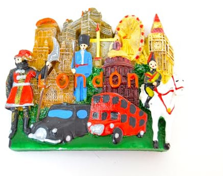 3D Kühlschrankmagnet London. Die Könige speichern. Zweistöckiger Bus, schwarzes Taxi, Big Ben, rote Telefonzelle, Turmbrücke, 7 cm