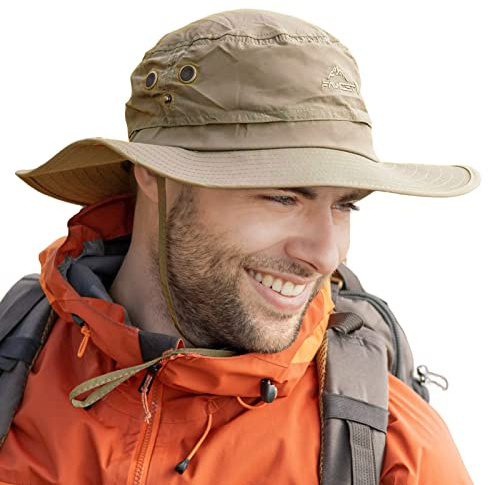Comhats Chapeau de soleil large pour homme XL - XXL, chapeau de plage à large bord UV pour safari pour l'été, randonnée, pêche, marche, imperméable et coupe-vent 60-66cm, kaki, M