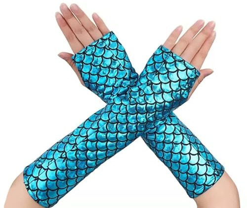Azonelife Fingerlose Handschuhe Damen Meerjungfrau, Fischschuppen Lange armstulpen, Halloween Mädchen Cosplay Handschuhe Arm Ärmel für Bühne Leistung Fasching Partei Kostüm Zubehör