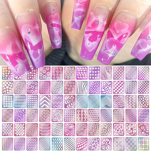MOLILON Airbrush Stencils for Nails Air Brush Nail Stickers Decals Printing Templates Stencil Tool Star Heart Butterfly Flower Hollow Nail Art Stickers (144 Designs, 24 Sheets), Style 1