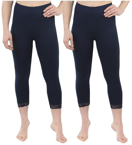 SES Capri leggings med spets 32–34 – 56–58 i 2-pack av bomull/ogenomskinliga leggings med spets/elastiska damleggings 3/4 långa bomull/leggings för kvinnor med spets med perfekt passform, marinblå, 52