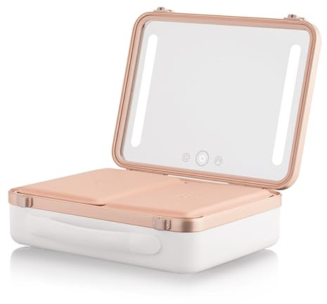 Beautifect Box White - Large Makeup Bag with LED Light Up Mirror - Quilted Metallic Vanity Case Travel Cosmetics Bag for Women - Toiletry & Make Up Organiser with Compartments & Brush Holders