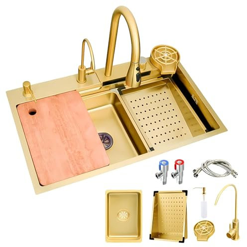 AIVANOTO Fregadero De Cocina En Cascada Dorado, con Grifo Extraíble, Lavabo Pequeño, Lavavasos, Kits De Drenaje, Fregadero De Barra De Cocina De Acero Inoxidable, Fregadero Grande(Gold,68x45x21cm)