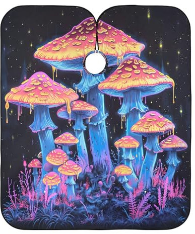 Mantello da barbiere con gufi floreali e grembiule per capelli, mantello lungo, mantello protettivo per colorare i capelli, Funghi luminosi al neon, Taglia unica
