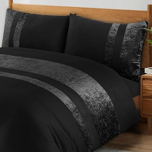 ZZZMRH Luxury Crushed Velvet Double Duvet Set with 2 Pillow Cases Double Bedding Set – Black Color Crush Velvet Panel Band Double Duvet Cover Set
