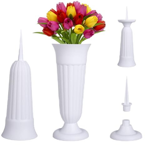 LdawyDE Vasi per Cimitero, Vaso Cimiteriale da 2 pezzi con Base e Vasi per Tomba in Plastica con 11 cm Picchetto 21 x 10 cm per Tombe Cimitero Lapidi Decorazione Feste (Bianca)