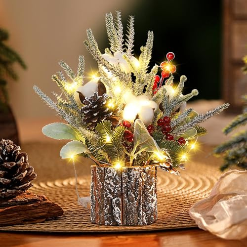 LED Weihnachtsbaum Deko,37CM Kleiner Weihnachtsbaum mit Beleuchtung Kleiner Tannenbaum Künstlich mit Tannenzapfen Beere Weihnachtsbaum Holz Weihnachtsgesteck für Tischdeko Weihnachten Deko (B)