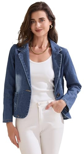 Allegra K Donna Giacche in Denim Casaul Office, Blazer con Revers A Tacca, in Jeans Lavati Blu S
