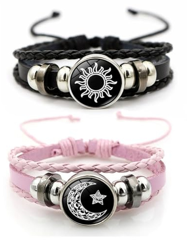Lnnmomn 2pcs Sun and Stars Moon Couples Bracelets Pinky Promise Friendship Bracelets Set Gift for Best Friends Valentine's Day Bracelet for Lovers Partners (Pink+Black)