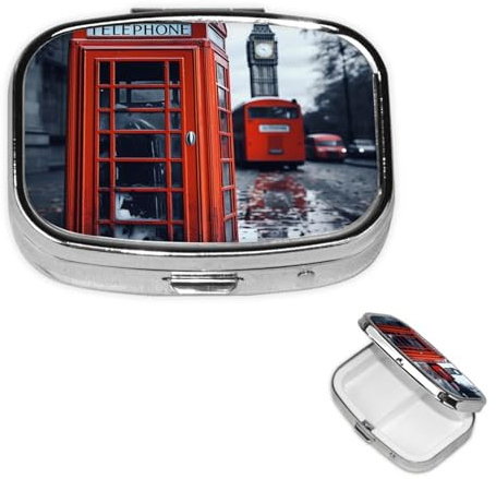 Pillendose mit Spiegel, klein, 2 Fächer, England, Großbritannien, Retro, London, Telefon, Reisen, Pillendose für Geldbörse oder Tasche, tragbarer Pillenbehälter, niedlicher Medizin-Organizer