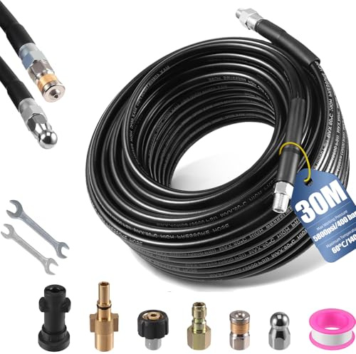 30M Manguera de Limpieza de Tuberías para Limpiadoras de alta Presión, 400bar Desatascador Tuberias a Presion Juego de Limpieza de Tuberías Adecuado para K-ärcher (K2-K7) con Adaptador y Boquillas