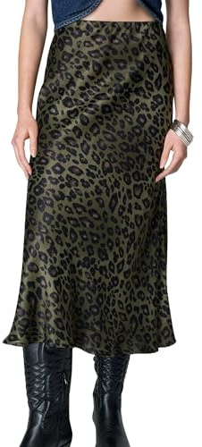 SANSIWU Women's Leopard Print Skirt Midi Long Length High Waist Ruffled Hem Midi Wrap Skirts Satin Casual A-line Skirt (A-Dark Green, M)