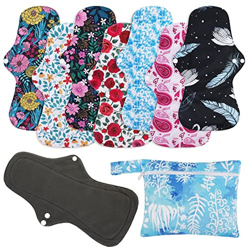 PHOGARY Wiederverwendbare Hygienetücher Pads (7 in 1, 33 cm), Bambus-Slipeinlagen mit Nassem Beutel, Schwerer Fluss-Nachtwaschbarer Stoff Menstruationssanitärhandtücher
