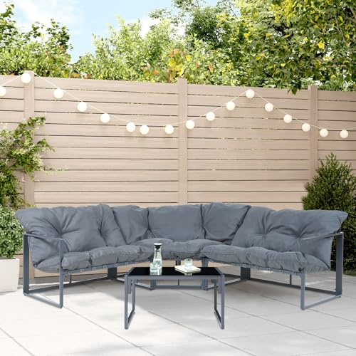 casa.pro Salon de Jardin 4 Pièces Table Basse Verre avec Canapé Ensemble de Meubles Extérieur Résistant Mobilier Jardin Confortable Design Terrasse Patio Détente Acier Polyester Gris Foncé Noir