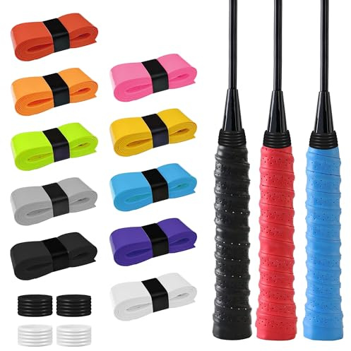 PYSEOSISE Ruban de Raquette Grips, 10 Pièces Grip pour Raquette de Tennis Antidérapant, Surgrip Tennis Multicolore Grip Raquette Badminton avec 4 Pièces Silicone Anneaux de Fixation