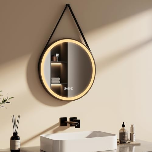 EMKE Schwarzer Runder Badspiegel mit Beleuchtung 50cm, Antibeschlag | Badezimmerspiegel mit 3 dimmbaren Lichtfarben, Touchschalter, Speicherfunktion, Rund Spiegel mit Spiegelband