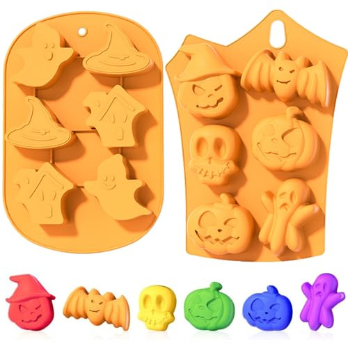 Awonlate Moule à Chocolat en Silicone Halloween, 2 Pièce Moule en Silicone de Cuisson, Forme de Fantôme de Crâne de Chauve-Souris Citrouille pour Bonbons, Pâtisserie