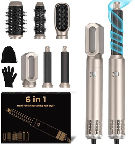 UKLISS Haarstyler & Haartrockner 6 in 1, Multistyler Haarföhn Set mit Luft Lockenstab Automatisch, Rundbürstenföhn, Thermal Brush, Hair Dryer, Warmluftbürste für Föhnen, Volumen, Locken - Gold