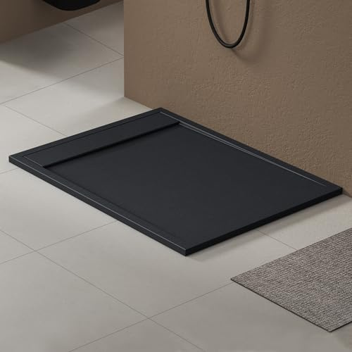 doporro Duschtasse 90x120x3cm aus Mineralguss in Anthrazit Ablaufgarnitur | Rechteckig Duschwanne für bodenebene Montage mit DIN-Anschlüssen & Ablaufgarnitur – stabil & pflegeleicht AL06 Geoma10