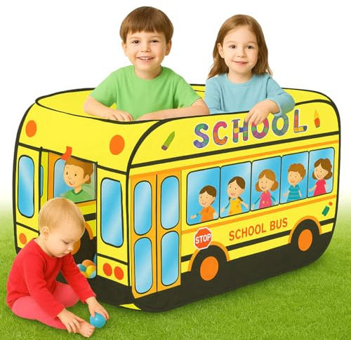 Toyana Kids School Bus Play Tent – Pop-Up Pretend Playhouse with Roll-Up Door & Mesh Windows – Indoor Outdoor Foldable Play Tent for Toddlers, Boys & Girls Imaginative Learning & Role-Play Toy Game
