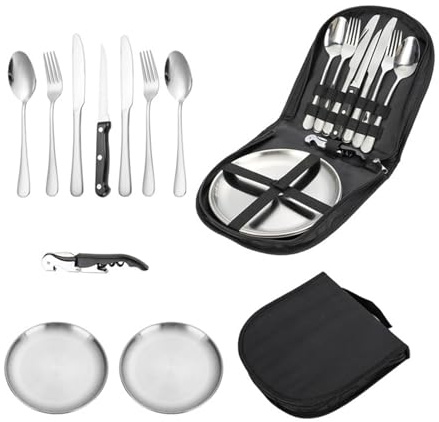 STGBCST Set da 2 persone – Posate da campeggio in acciaio inox, stoviglie da picnic e da esterni, set da campeggio compatto per picnic e campeggio, set da 10 pezzi con apribottiglie
