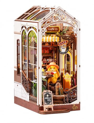 Rolife Rabbit’s Coffee Holiday Book Nook Bausatz für Erwachsene, 5 Stunden 3D Holzpuzzle Miniatur-Café mit Warmlicht-LED, Bücherregal-Deko, kreatives Geschenk für Kaffee- & Buchliebhaber
