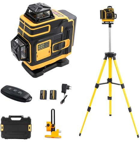 Laser en croix avec trépied, niveau laser 16 lignes, vert, niveau laser croix, 4 niveaux à bulle à 360°, nivellement automatique avec trépied de 1 m, 2 batteries de 5000 mAh, télécommande, sac de