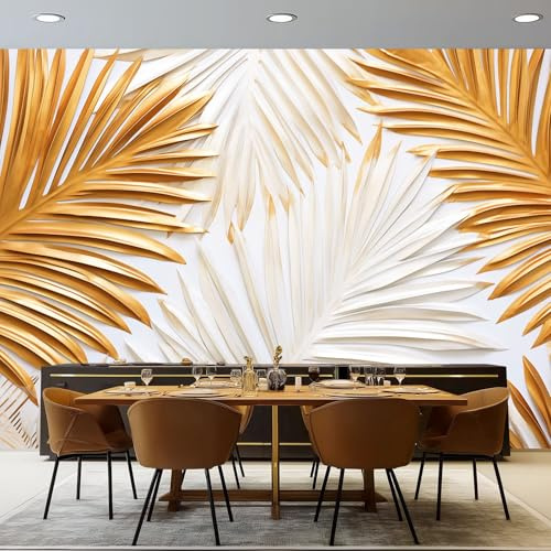 Papel pintado Patrón De Hojas De Palma 250 x 175 cm, Oro Blanco Póster fotográfico mural papel pintado moderno decoración de pared sala de estar dormitorio oficina habitación infantil