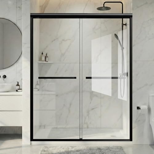 Double Sliding Shower Door 56-60 in W x 76 in H, 1/4(6mm) Tempered Glass with Explosion-Proof Film and Nano Coating，Matte Black Semi-Frameless Shower Door