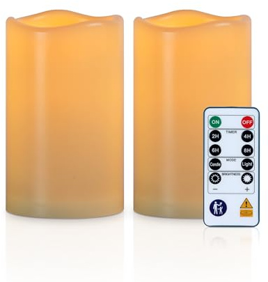 Homemory Wasserdichte Outdoor LED Kerzen mit Fernbedienung &Timer,2er-Set | Timer,Kunststoff, IP65, Flackernde,dimmbar, Batterie, Garten, Balkon, Terrasse,Laternen, Hochzeit,Weihnachten,Halloween