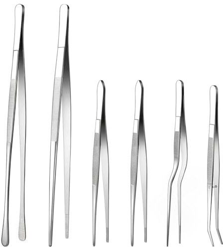 Ujjdwiurgh Kit de Pinces à Épiler 6 Pièces, Pinces Alimentaires en Acier Inoxydable avec Pointes Dentelées de Précision, pour les Tâches de Cuisine et de Pâtisserie