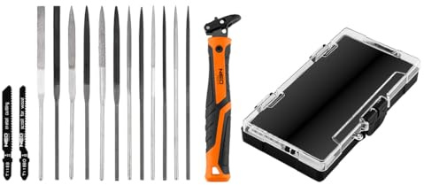 NEO TOOLS Profi Nadelfeilen-Set 14+1, Diament- und Härte-Stahl | Universal-System mit Schnellkupplung, Ergonomischer 2K-Griff, Für Präzisionsarbeiten, Inkl. 14 Feilen & Sägeblätter