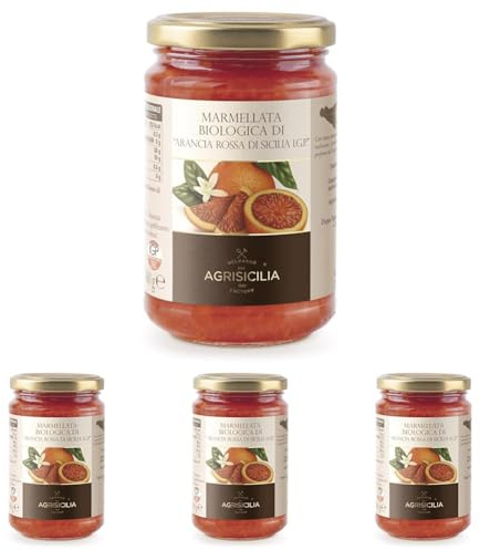 Marmellata biologica di Arancia rossa di Sicilia I.G.P., con frutta biologica, ideale per colazione e merenda, vasetto da 360 grammi (Confezione da 4)