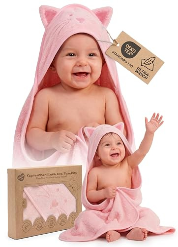 Badhandduk Baby Bambu Hooded Cape 89 x 89 cm (0–3 år) Mjukt och absorberande Badöverdrag Original Nyfödd Present till Pappor och Mammor Newborn Baby Essentials i Djurmönster (Rosa)