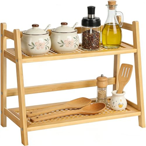 Rdunulioo 2 Etagen Tassenregal Holz, Küchenregal Arbeitsplatte, Küchen Organizer Rattanoptik Kaffeetassenhalter & Tee Matcha Station für Tee, Kaffee, Bar, Tassen-Display, Gewürz (Holzfarbe)
