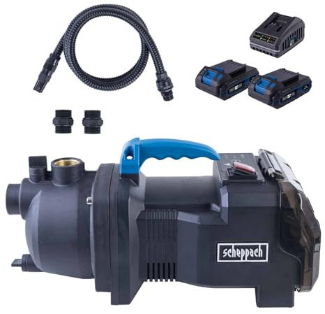 Scheppach Akku Gartenpumpe C-GP3000-X mit 3000L/h Fördermenge & 2m Schlauch | Förderhöhe 25m | Eintauchtiefe 8m | Förderdruck 2,6bar | 20V-IXES-Serie | 10 Jahre Garantie | mit 2x2Ah Akku & Ladegerät