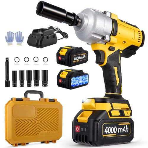 Llave de impacto inalámbrica 880W – Motor sin escobillas 1000N.m – Batería 21V 2x4000mAh, 3 velocidades + LED, cuadradillo 1/2, maletín con 5 dados y extensión – Para taller, automoción, bricolaje