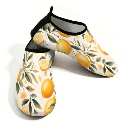 Scarpe da donna per sport acquatici ad asciugatura rapida, da spiaggia, da nuoto, con motivo a limoni, foglie verdi, pianta senza lacci, calzini acquatici per escursionismo, surf, yoga, Limone 2, 41