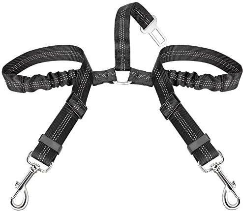 Lukovee Dubbel hund säkerhetsbälte, dubbel husdjursbälte justerbart dubbelt hundkopplarkoppel med elastisk bungee och reflekterande rand, Svart