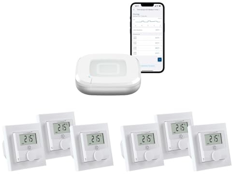 Homematic IP Fußbodenheizungssteuerung zur Einzelraumregelung in 6 Räumen. Inhalt: Access Point und 6 Digitale Raumthermostate mit Schaltausgang. Mit App und Alexa kompatibel.